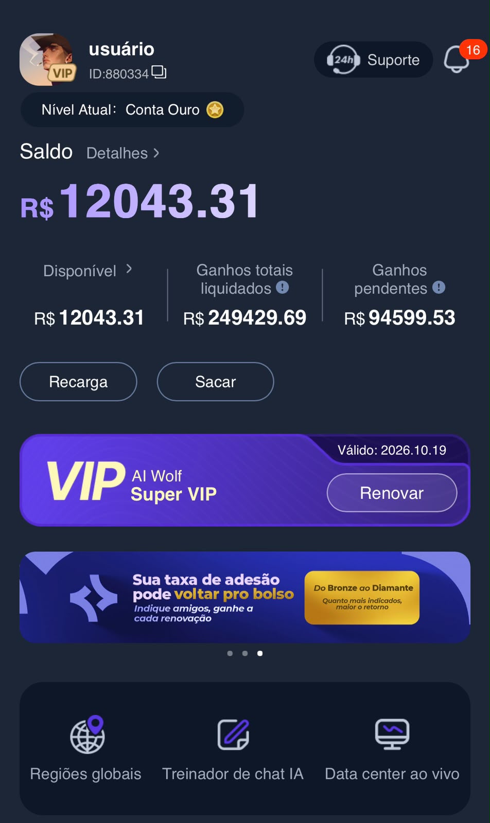 Dashboard de conta ouro com saldo e nível atual