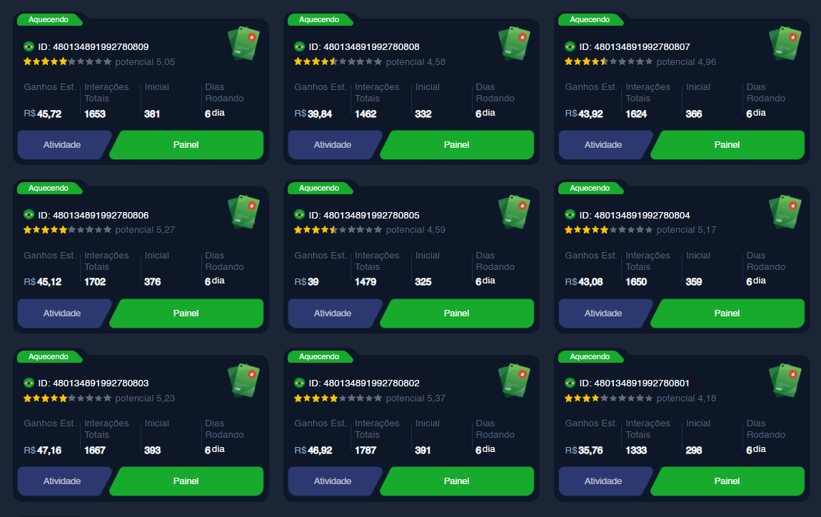 Tela de gerenciamento da plataforma com contas automatizadas, ganhos estimados e interações